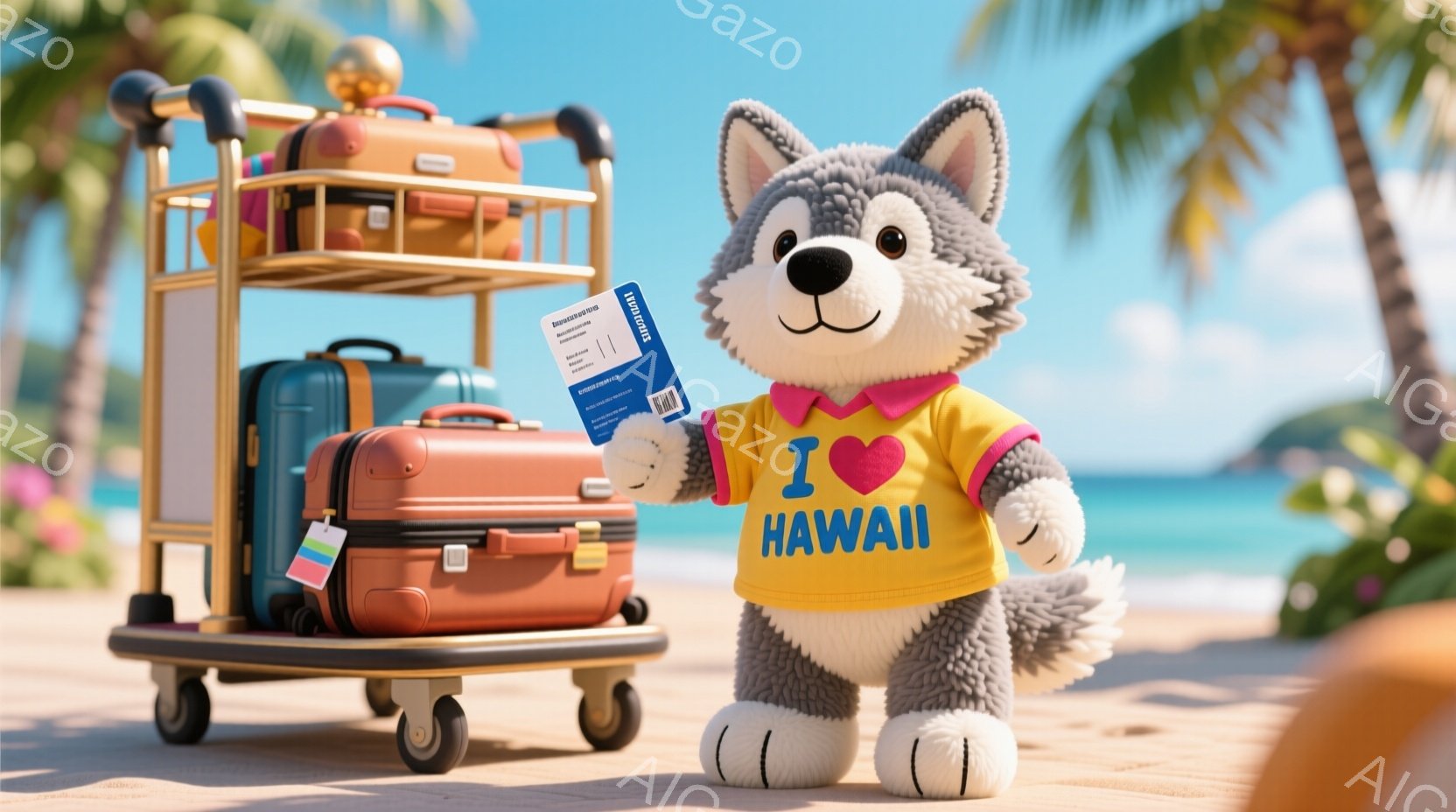 灰色の毛並みの犬のキャラクターが、青地に「I ❤️ HAWAII」と書かれたTシャツを着て、手には青い搭乗券を持っています。背景には、荷物が積まれた手荷物台、青い空、ヤシの木、そして美しいビーチが見え、ハワイへの旅行を連想させます。全体的に明るく、陽気で、休暇を楽しむ雰囲気が漂っています。