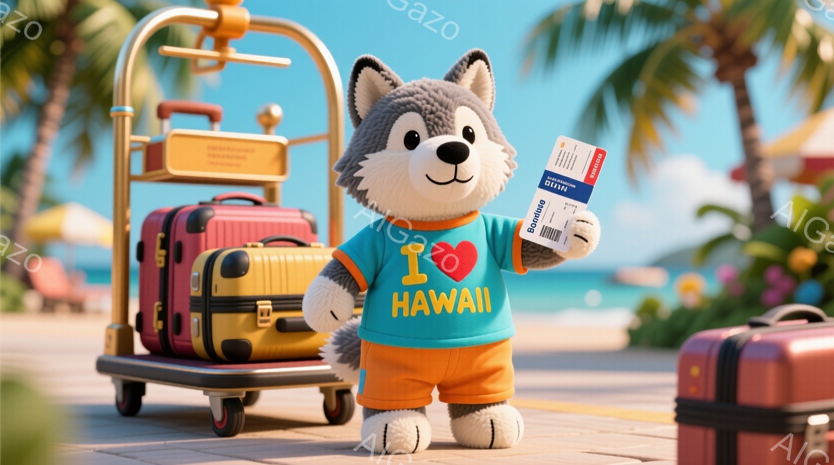 ぬいぐるみのようなキャラクターが、赤い荷物台の上に立っており、「I ❤️ HAWAII」と書かれたTシャツを着ています。背景には、鮮やかな色のスーツケースと、ぼやけたビーチとヤシの木が見え、晴れた日のリゾート地の雰囲気を醸し出しています。キャラクターは、楽しげな旅行者として描かれ、リラックスした休暇の雰囲気を伝えています。