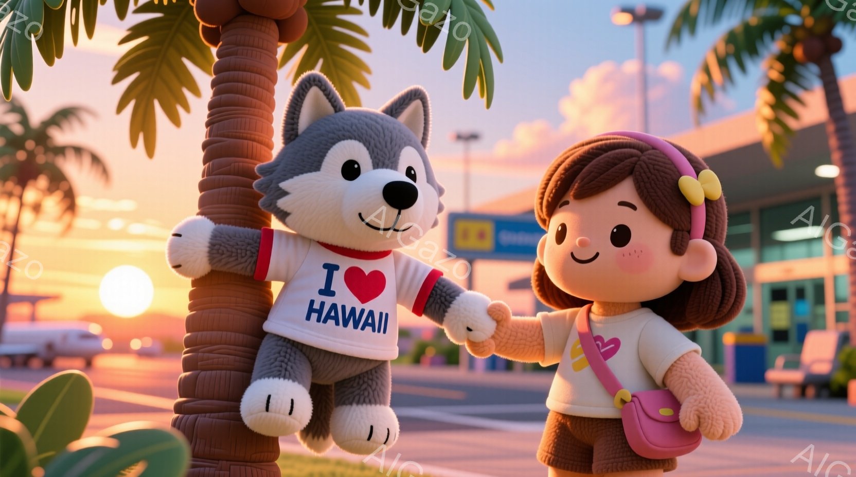 少女はピンク色のニットカーディガンと黄色のシャツを着ており、茶色の巻き毛にピンク色のヘアアクセサリーをつけています。彼女は笑顔で、大きな目と赤い頬が特徴的です。背景にはヤシの木と夕焼け空、そして空港の建物が見え、温かく明るい雰囲気が漂っています。