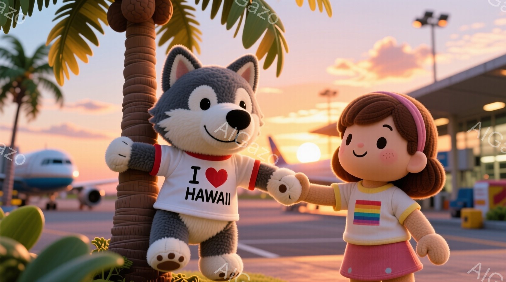 棕櫚の木の前に立つ、可愛らしいアニメ風のキャラクターが2体描かれています。左側のキャラクターは、黒い毛並みの犬で、「I ❤️ HAWAII」と書かれた白いTシャツを着ています。右側のキャラクターは、茶色の髪でピンク色のスカートを着た女の子で、二人とも笑顔で楽しそうな雰囲気です。