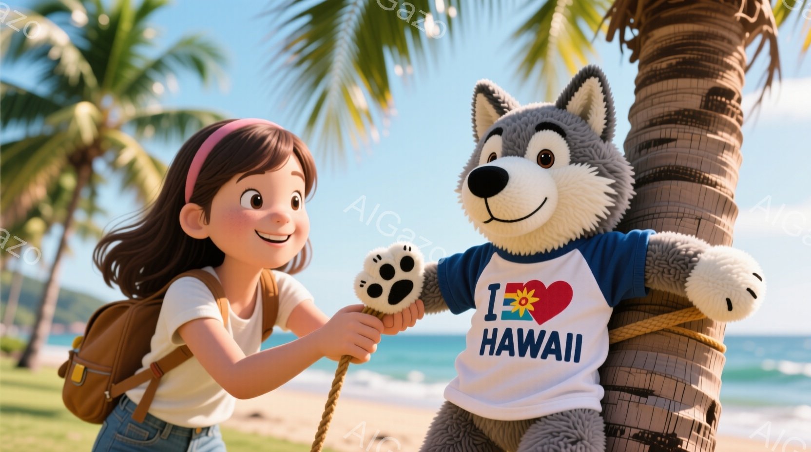 茶髪の少女がリュックサックを背負い、砂浜を歩いている。彼女は微笑んでおり、片手に犬の足の形をしたおもちゃを持っている。背景には青い海とヤシの木があり、犬のぬいぐるみは「I❤️HAWAII」と書かれたTシャツを着て、ヤシの木に寄りかかっている。