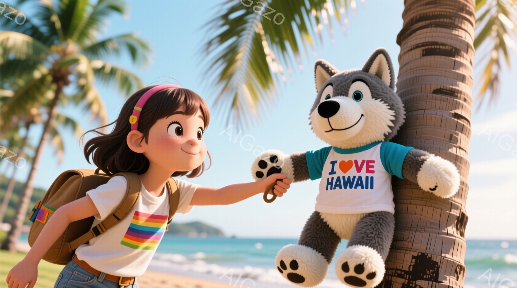 茶髪の少女がリュックを背負い、笑顔で走っています。彼女は木の幹に寄りかかった、ハワイ好きと書かれたTシャツを着たぬいぐるみのような狼のキャラクターに手を伸ばしています。背景には青い空と海、ヤシの木が見え、晴れた暖かい日のビーチの雰囲気が伝わってきます。