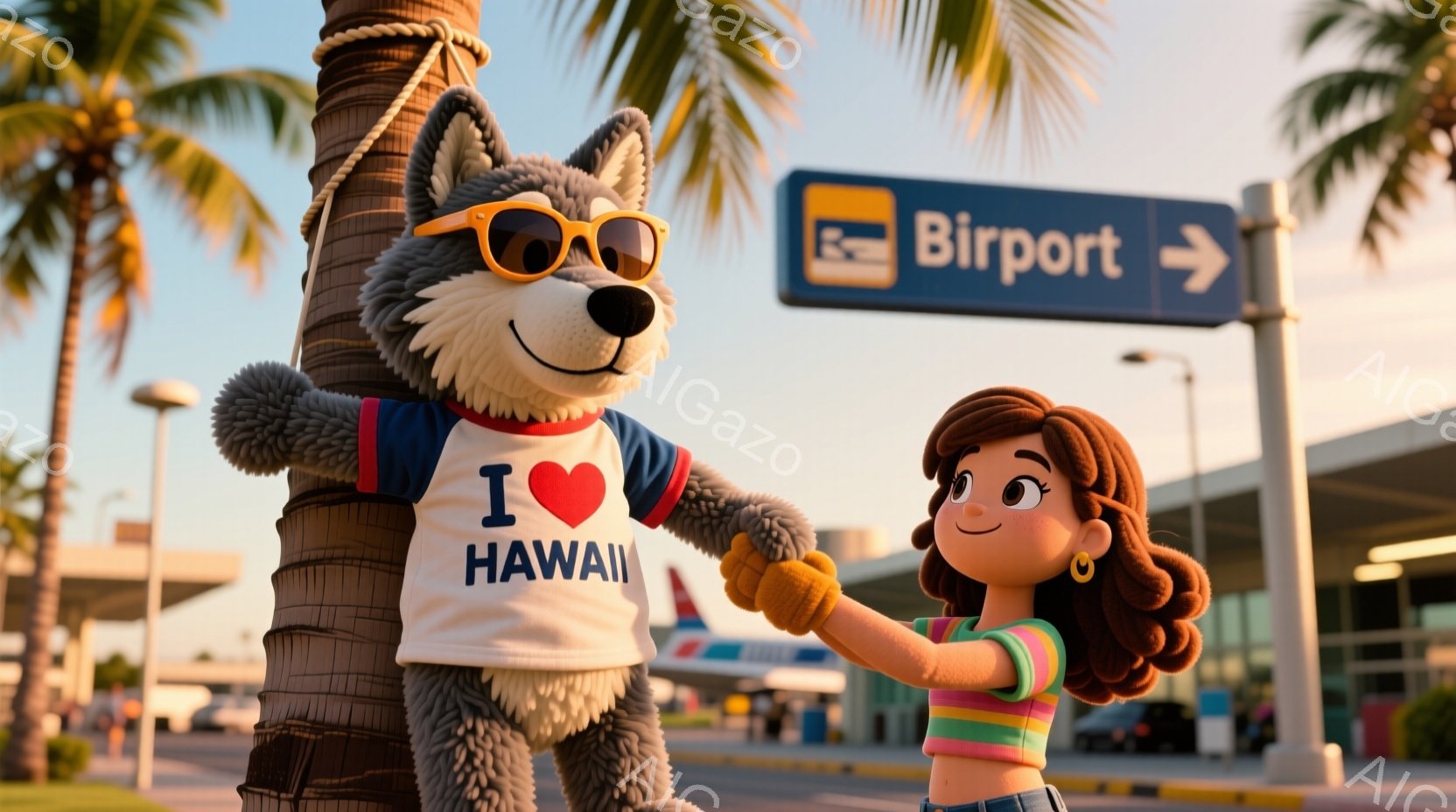 大きな灰色の狼の着ぐるみが、白い「I ❤️ HAWAII」Tシャツと青いジャケットを着て、棕櫚の木のそばに立っています。隣には、茶色の巻き髪で、緑と白のストライプのシャツを着た女の子がいて、狼の腕と手を握っています。背景には空港の建物と青い空があり、晴れた日であることを示しています。