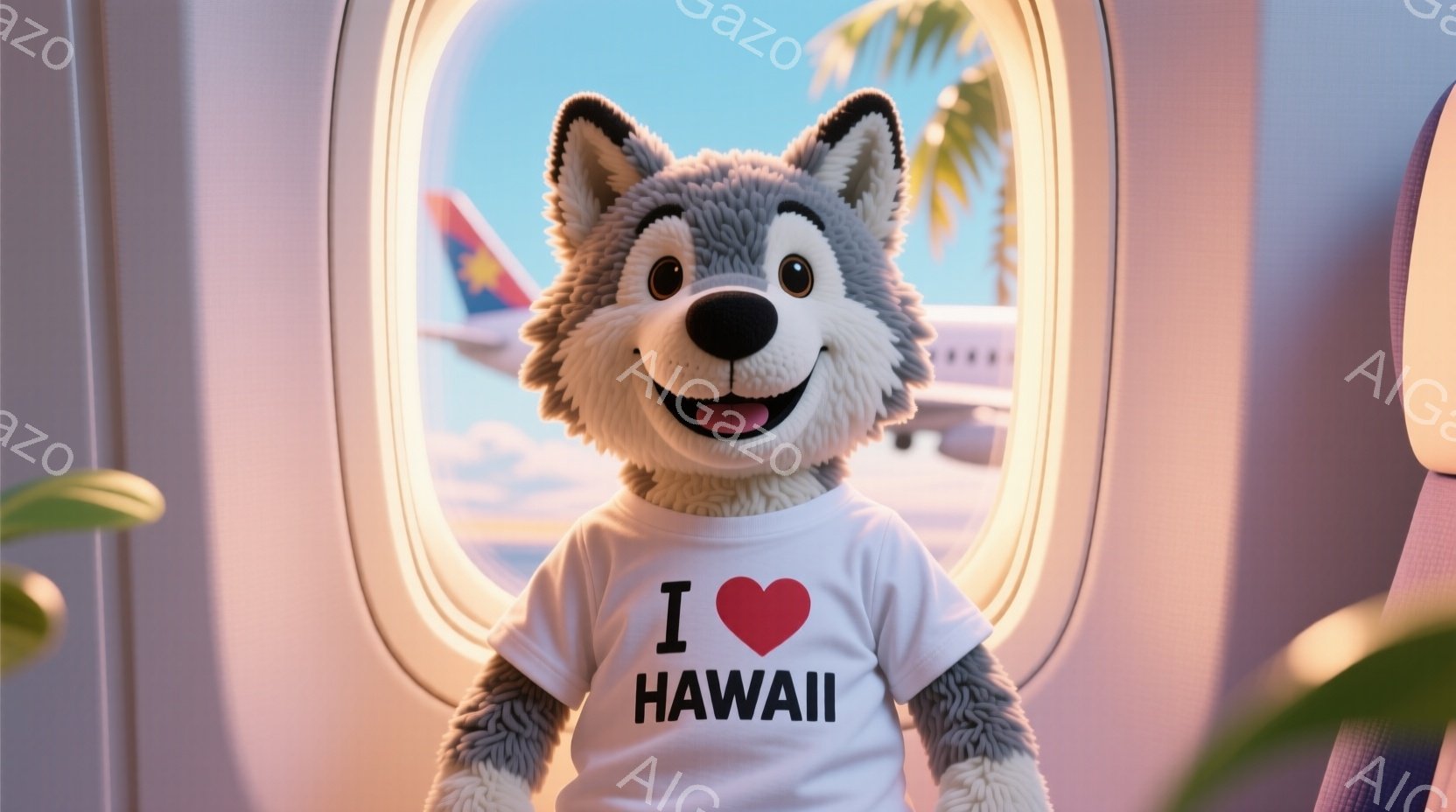 灰色の毛並みの狼のキャラクターが、白いTシャツを着ており、Tシャツにはハートマークと「HAWAII」という文字がプリントされています。キャラクターは窓枠に座り、笑顔でカメラに向かって手を振っているようです。背景には、青い空と白い雲、そして遠くに見えるハワイの風景が広がっており、全体的に明るく楽しい雰囲気を醸し出しています。