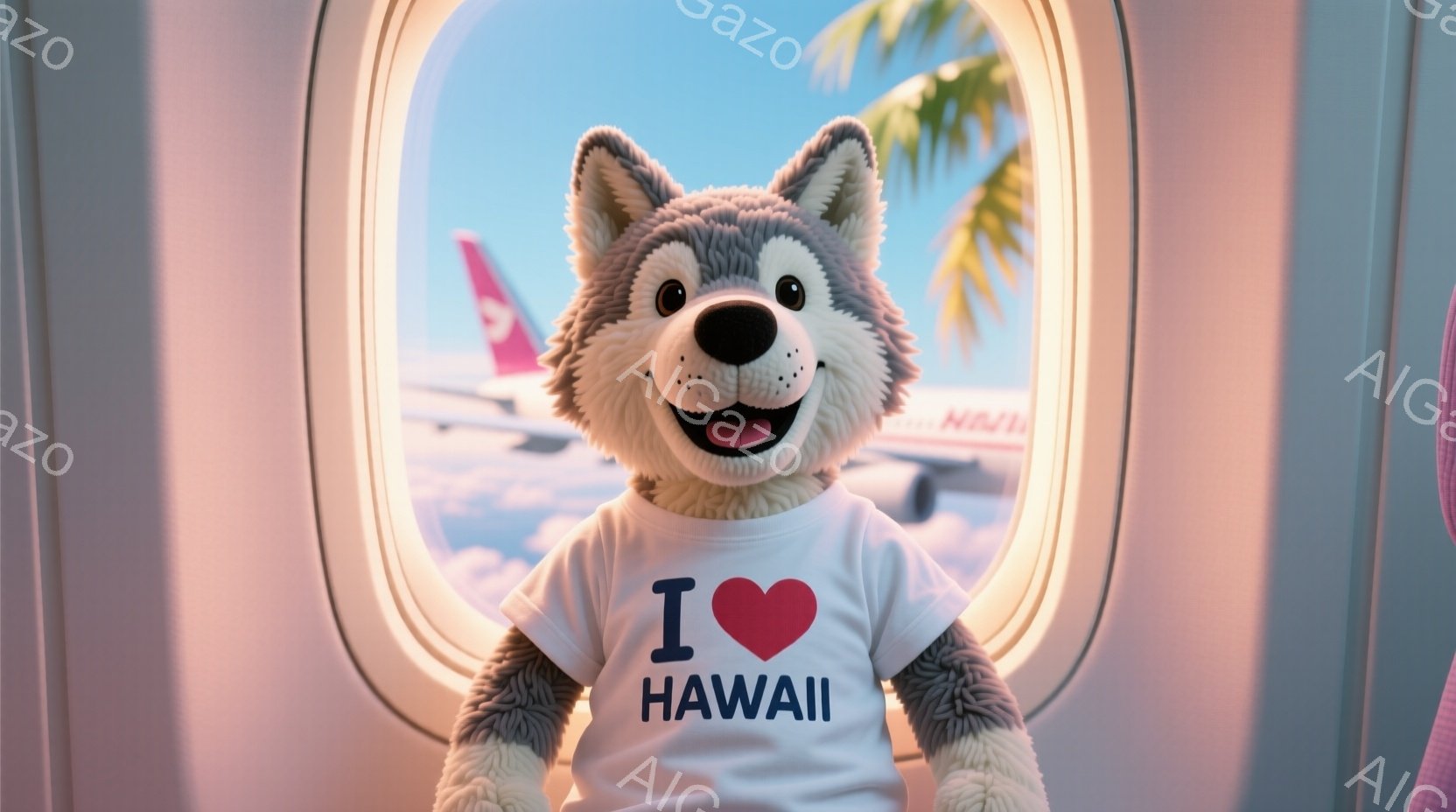 白と灰色の毛並みの犬のぬいぐるみは、「I ❤️ HAWAII」と書かれた白いTシャツを着て、窓枠の中に顔を出しています。犬は笑顔で、楽しそうな表情をしています。背景には、青空と雲、そして遠くに見えるハワイのヤシの木と飛行機があり、明るく陽気な雰囲気が漂っています。