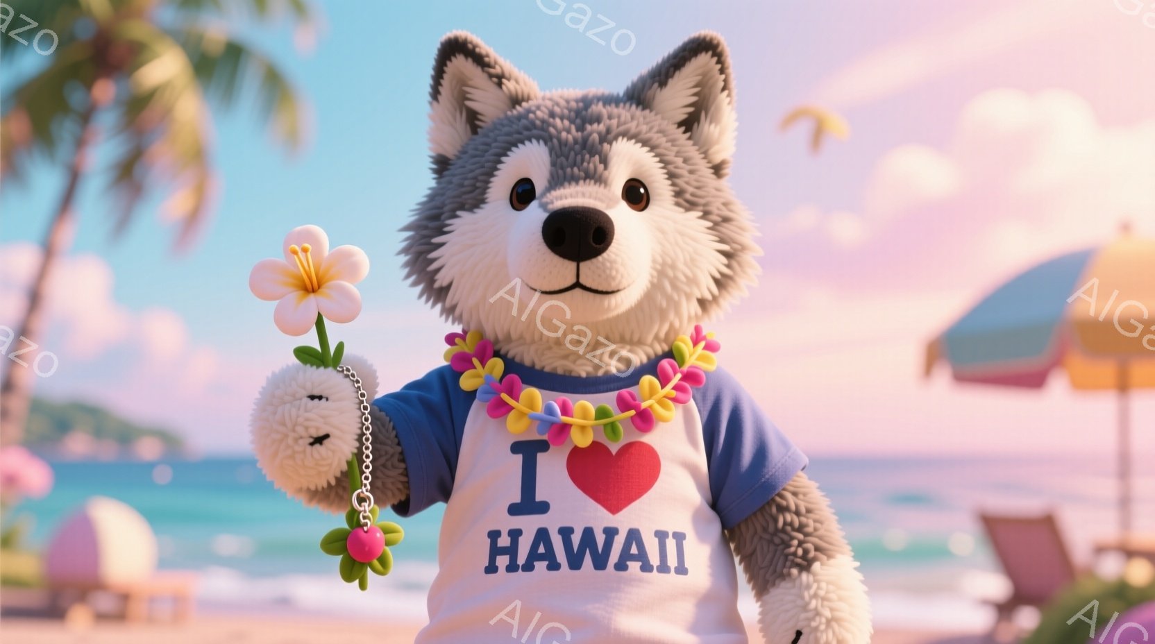 灰色の毛並みの犬のぬいぐるみは、「I ❤️ HAWAII」と書かれた青いTシャツとカラフルなレイを身に着けています。片手には白い花をつけたストラップを持っています。背景には、青い海、白い砂浜、ヤシの木、そして遠くに見えるビーチパラソルがあり、明るく晴れた楽園のような雰囲気を醸し出しています。