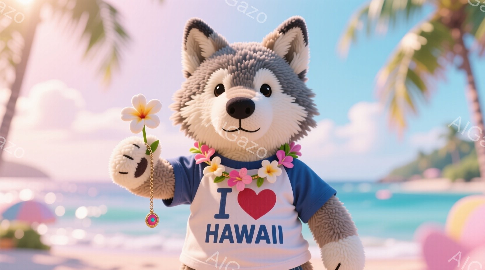 ハワイを愛するコディアックアラスカン・マラミュート犬が描かれています。青いTシャツには「I❤️HAWAII」と書かれており、首には鮮やかな花輪が飾られています。背景には青い海と白い砂浜、そしてヤシの木があり、暖かい日差しが降り注いでおり、リラックスしたトロピカルな雰囲気が漂っています。