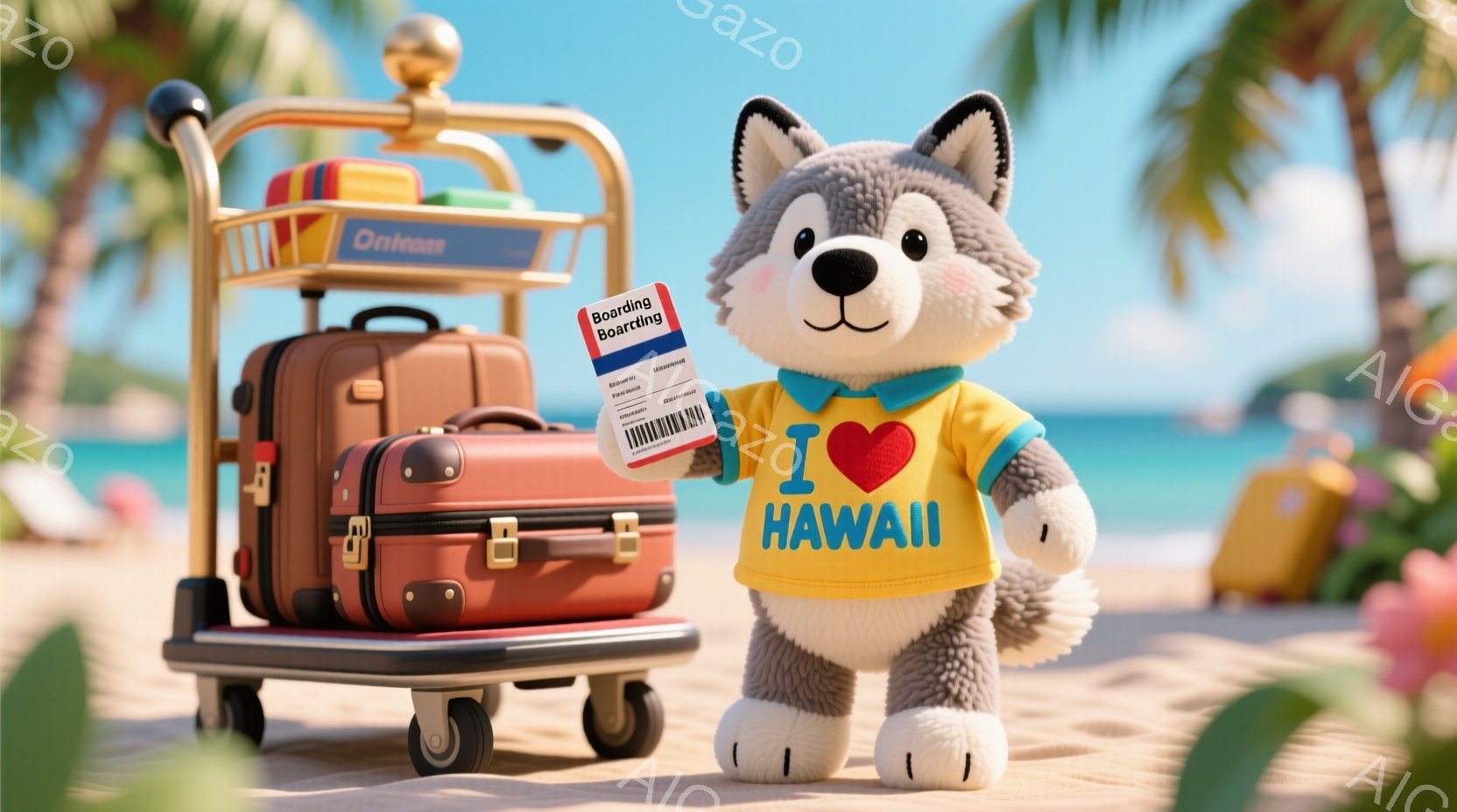 ハワイ好きをアピールするぬいぐるみキャラクターが、荷物台車とともに砂浜に立っている様子です。ぬいぐるみは明るいブルーのTシャツを着ており、「I ❤️ HAWAII」と書かれています。背景には青い海とヤシの木が見え、晴れた日のリゾート地の雰囲気が漂っています。全体的に明るく、楽しげな印象です。