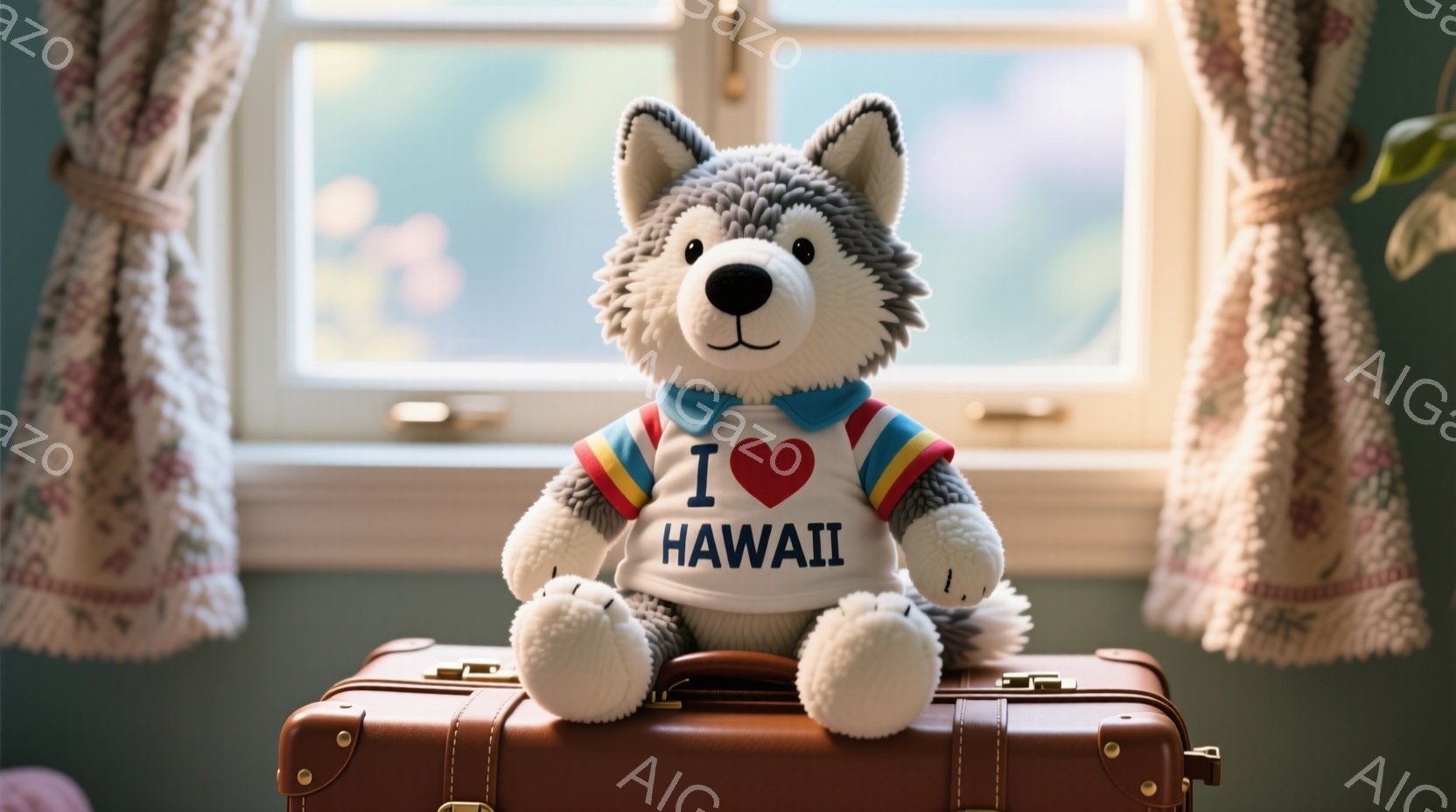 ぬいぐるみのハスキー犬が、茶色の旅行カバンの上に座っています。白いシャツには「I ❤️ HAWAII」と書かれており、その表情は穏やかで愛らしいです。背景には窓があり、薄緑色の壁と花柄のカーテンが確認でき、全体的に穏やかで温かい雰囲気を醸し出しています。