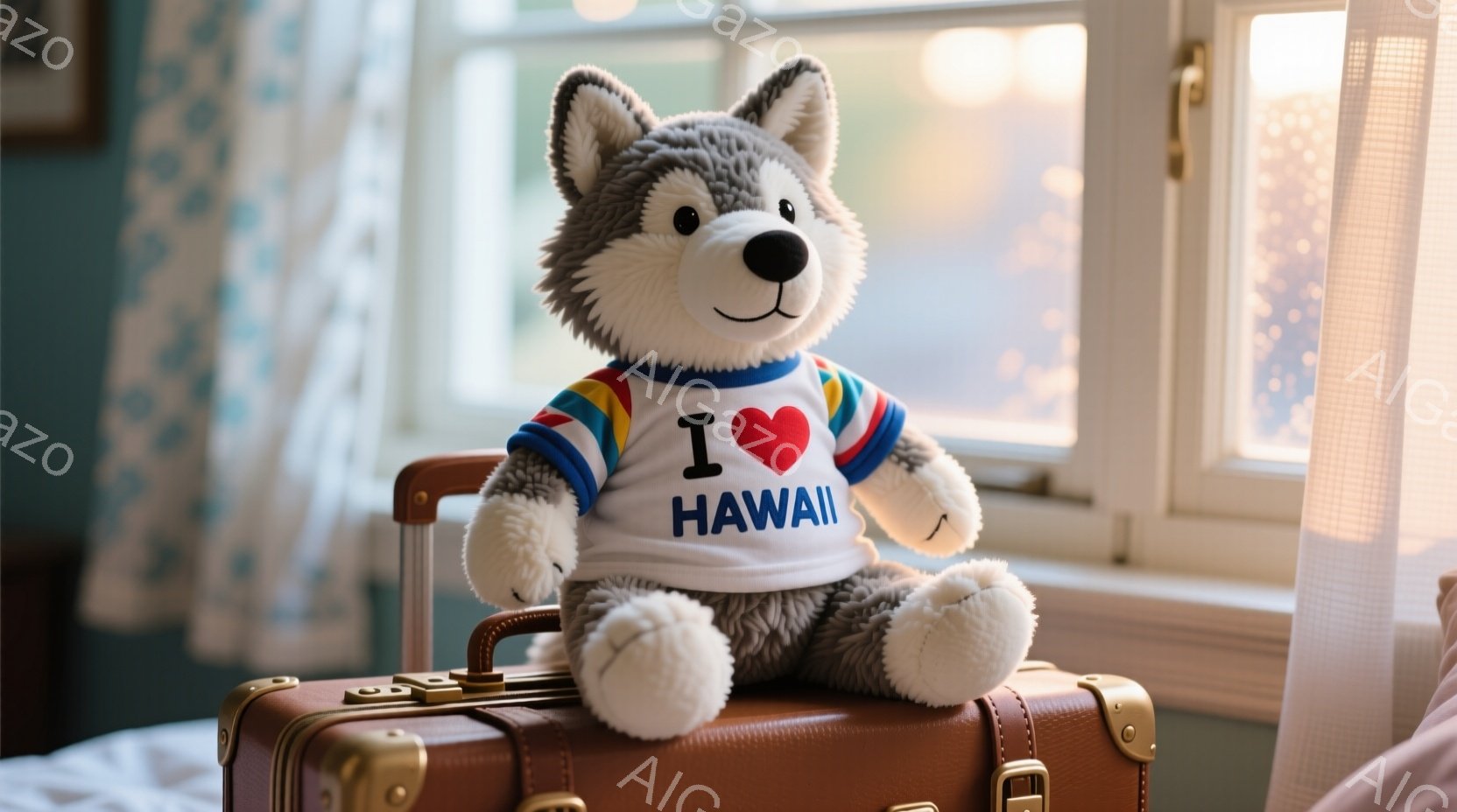 ふわふわの灰色をした犬のぬいぐるみは、白い地に「I ❤️ HAWAII」と書かれたTシャツを着ています。茶色の旅行カバンの上に座り、正面を見つめていて、穏やかで優しい表情をしています。背景には窓が見え、カーテンと柔らかい自然光が暖かく穏やかな雰囲気を醸し出しています。