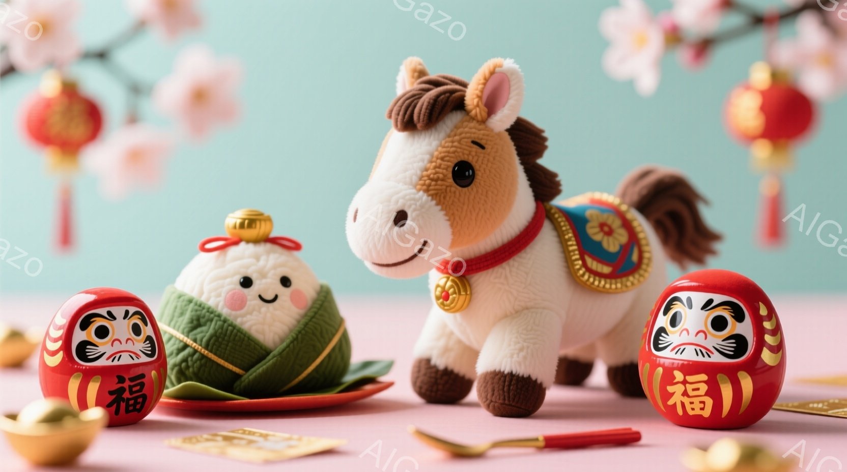 柔らかいピンク色の背景に、可愛らしい吉祥物たちが並んでいます。中央には白馬のぬいぐるみが、赤い飾り紐をつけ、穏やかな表情で立っており、その左右には、だるまのお人形と、緑色の包み（おそらくお餅）が配置されています。全体的に春らしい色彩と、穏やかな雰囲気が漂い、お祝いの席を連想させます。