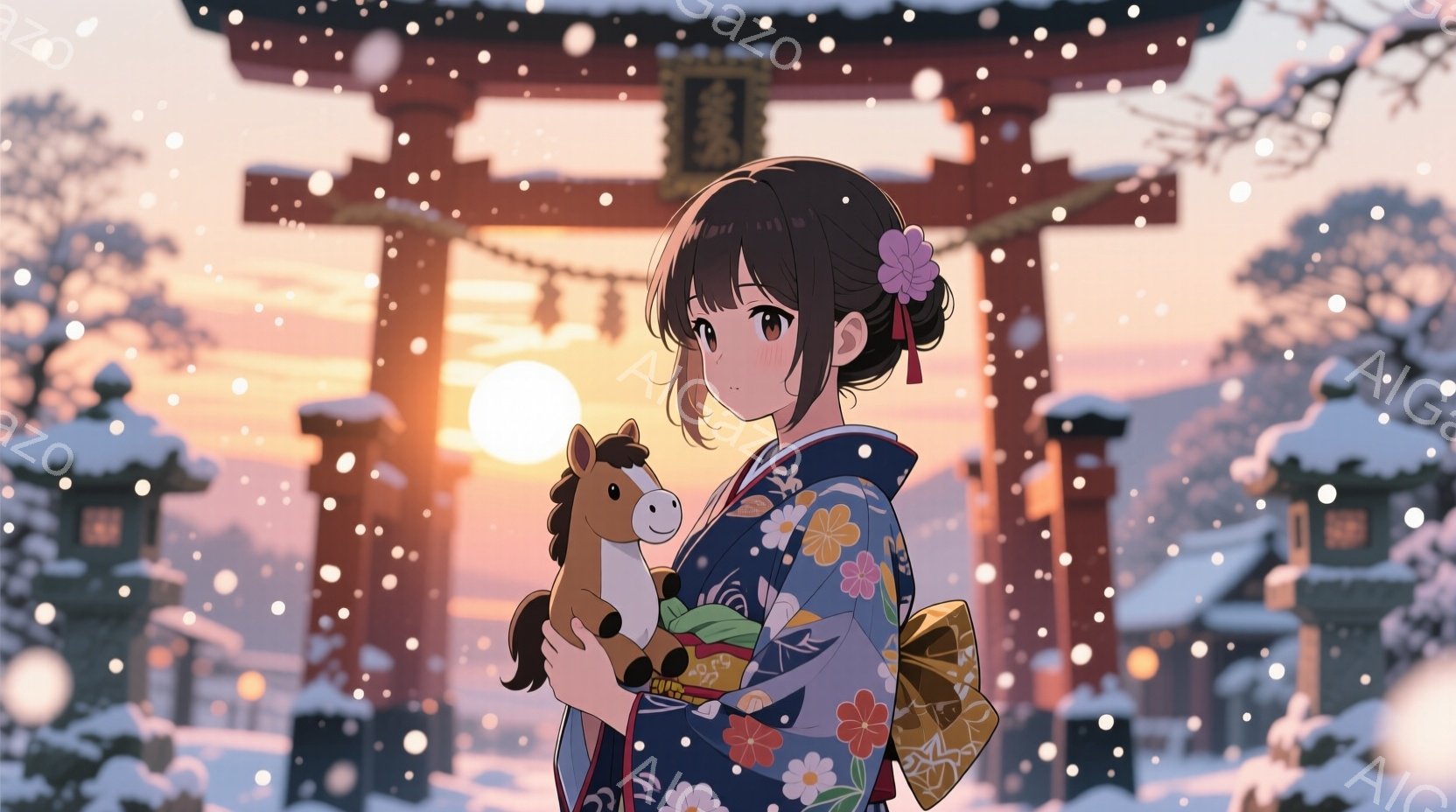 深い青色の着物を着た若い女性が、茶色のぬいぐるみ馬を抱きかかえています。彼女は黒髪で、頭には花飾りをつけており、微笑みを浮かべています。背景には雪景色が広がり、遠くには鳥居や灯篭が見え、夕焼け空が幻想的な雰囲気を醸し出しています。