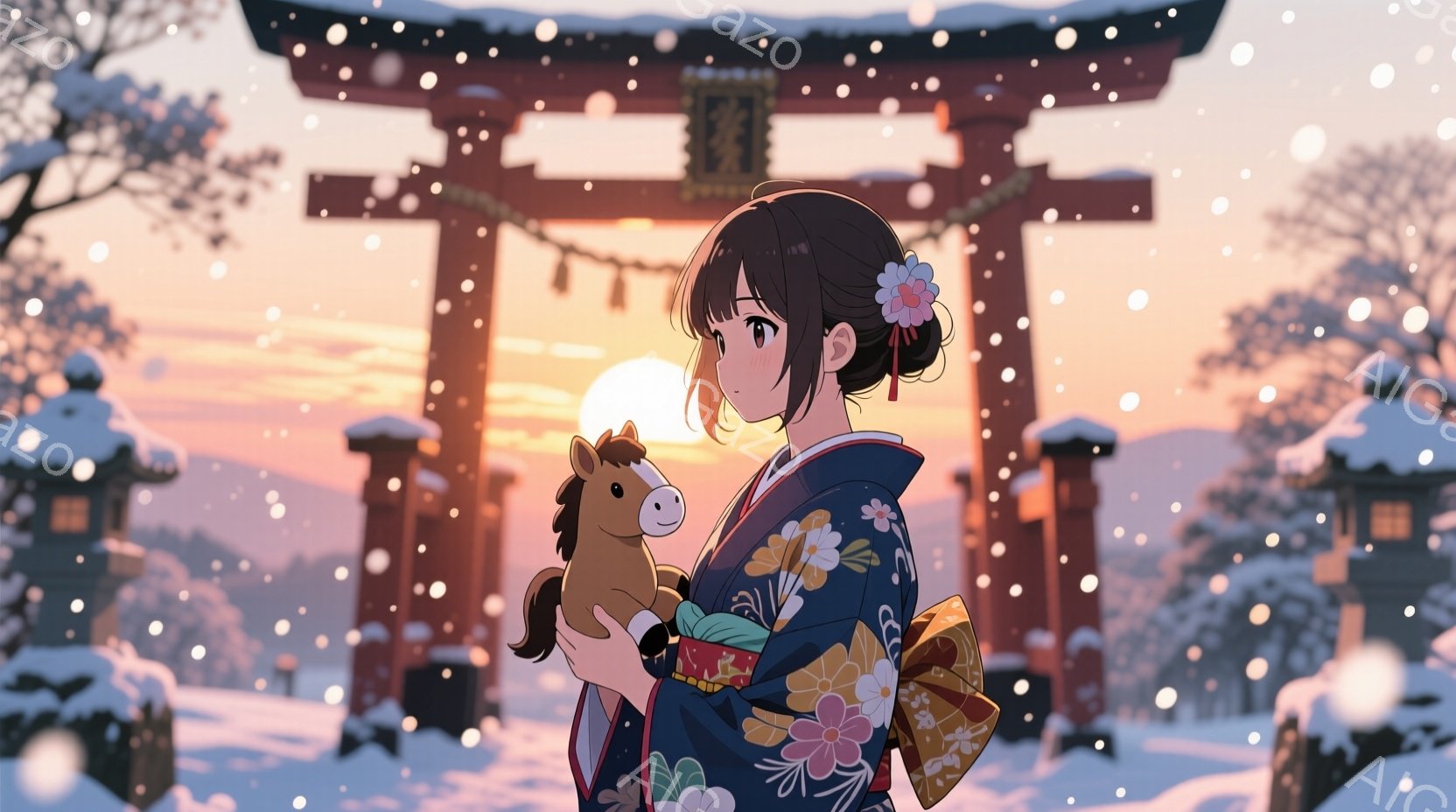 深い青色の着物を着た少女が、抱きしめる小さな馬の人形を優しく抱きかかえています。彼女は黒髪を後ろでまとめ、控えめな微笑みを浮かべています。背景には雪景色の中に赤い鳥居がそびえ立ち、遠くには夕焼けの光が - AI生成フリー素材