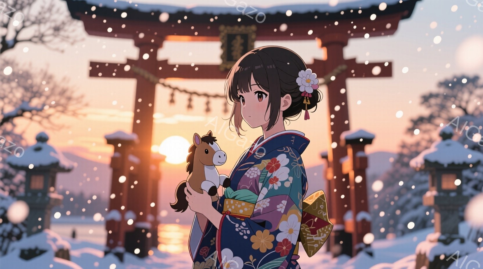 雪景色の中に、着物を着た少女が立っている。彼女は深い青色の着物で、赤い花と金色の模様が描かれている。少女は微笑んでおり、片手に可愛らしい馬のぬいぐるみを抱きしめている。 - AI生成フリー素材