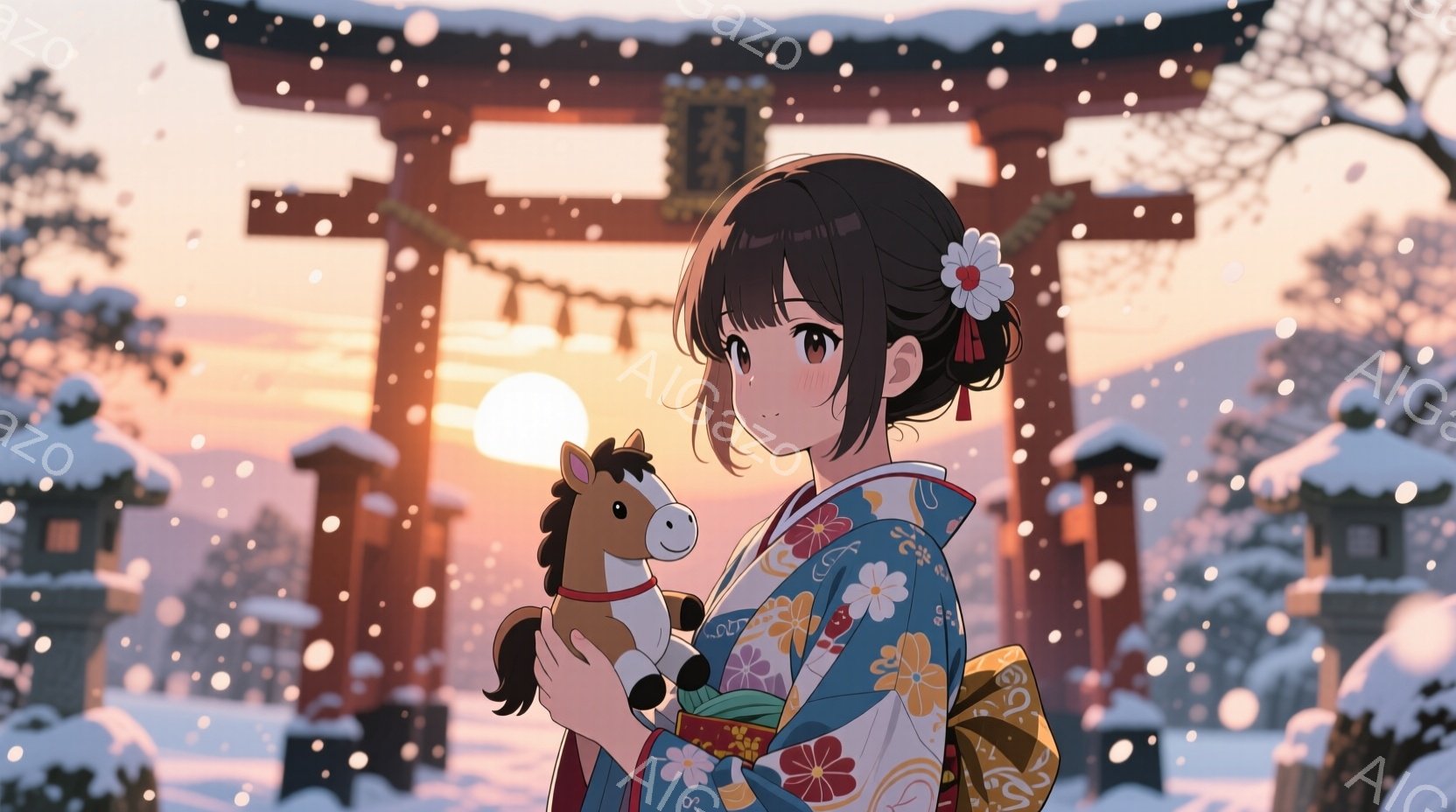 雪景色の中で着物を着た若い女性が描かれています。彼女は黒髪を後ろでまとめ、白い花で飾っており、微笑みを浮かべながら、手には小さな木馬の人形を抱いています。背景には、雪を頂いた建物と夕焼けに照らされた鳥 - AI生成フリー素材