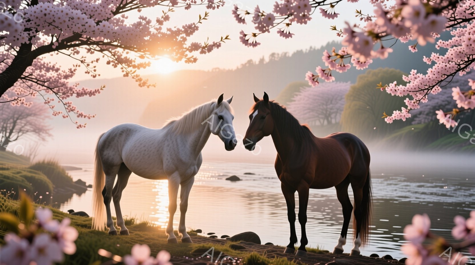 白と栗色の2頭の馬が、穏やかな湖のほとりで鼻を合わせている。背景には桜並木が広がり、水面に夕焼けが反射して幻想的な雰囲気を醸し出している。柔らかい光と春の暖かさを感じさせる、平和で穏やかな情景である。