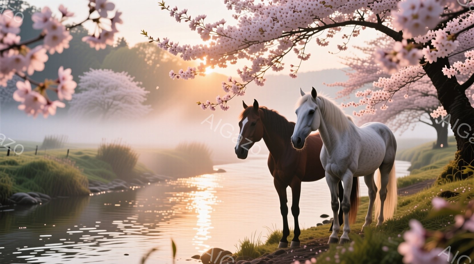 浅い川辺に、茶色と白の二頭の馬が並んで立っている。川面には桜並木が映り込み、薄霧が立ち込め、朝日の光が優しく全体を包み込んでいる。穏やかで牧歌的な雰囲気であり、春の訪れを感じさせる美しい風景だ。