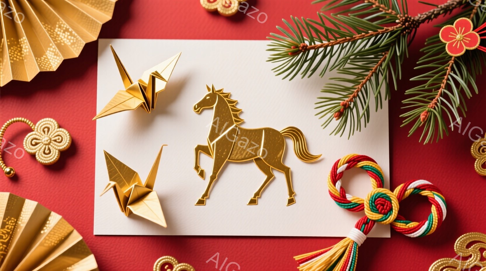 真っ赤な背景に、金色の折り鶴と馬のシルエットが描かれた白いカードが置かれています。カードの周りには、松の枝や、赤い、金色の、そして白い紐で結ばれた飾り、金色の扇などが配置され、お祝いの雰囲気を醸し出しています。全体的に華やかで、新年や特別な機会を祝うための装飾として用いられているようです。