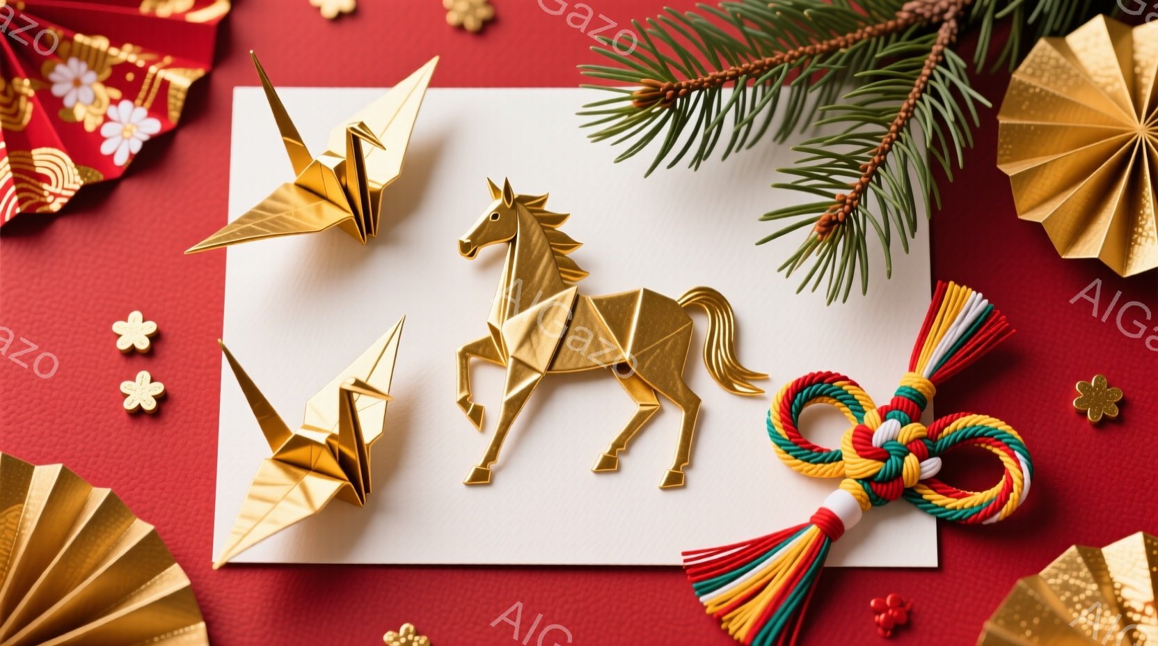 深紅色の背景に、折り紙で作られた鶴と馬が配置された構図です。馬は躍動感のあるポーズで、活気と生命力を感じさせます。背景には、金色の折り紙細工や松の葉、そして飾り結びが添えられ、お祝いや縁起の良い雰囲気を醸し出しています。