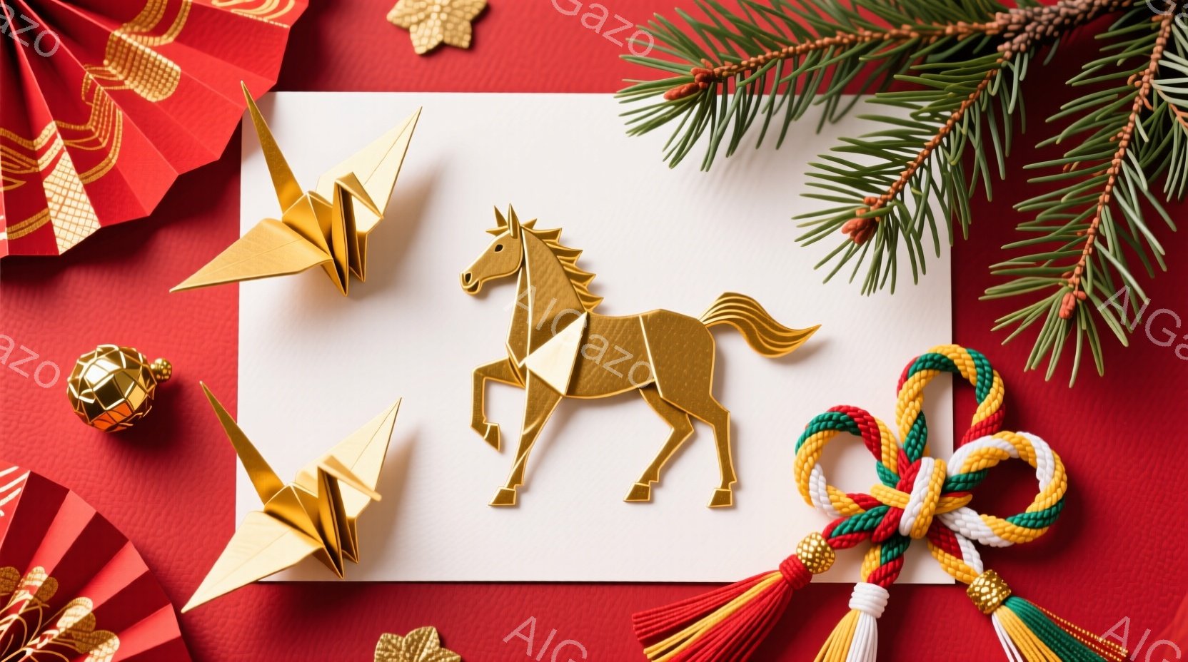 真っ赤な背景に白い紙が置かれ、その上に金色の馬のモチーフ、折り紙の鶴、そして飾り結びが配置されています。紙の周りには金色の装飾と針葉樹の葉が添えられ、お正月や祝い事の雰囲気を醸し出しています。全体的に金と赤の色合いが鮮やかで、華やかさと厳かな気持ちを同時に感じさせます。