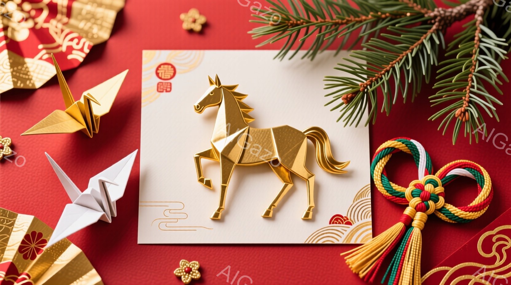 鮮やかな赤色の背景に、金色の折り紙で作られた馬が描かれた年賀状が置かれています。右側には松の枝、左側には金色の鶴の折り紙や、縁起の良い飾り結びが配置され、お正月らしい華やかな雰囲気を醸し出しています。全体的に金色と赤色のコントラストが美しく、新年の祝福を象徴するような装飾が施されています。