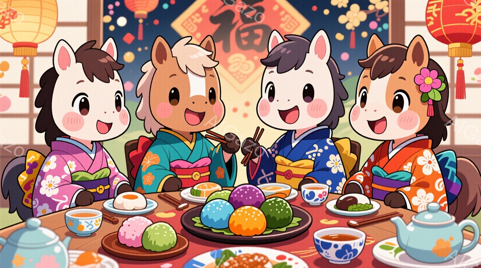 着物を着た四匹の馬が食卓を囲んでいます。馬たちは皆笑顔で、楽しそうに食事をしています。背景には提灯が飾られ、お祝いの雰囲気が漂います。