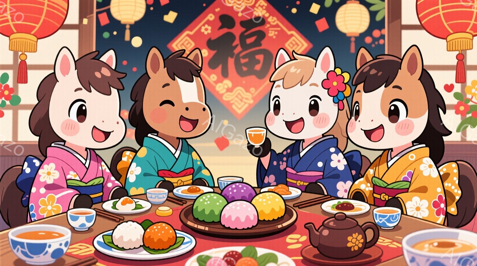 着物を着た四匹の可愛らしい馬が円卓を囲んで夕食をとる様子が描かれています。馬たちはそれぞれ異なる色の着物を着ており、笑顔で茶碗や料理を見つめています。背景には、提灯や「福」という文字が飾られ、お祝いの雰囲気が漂っています。