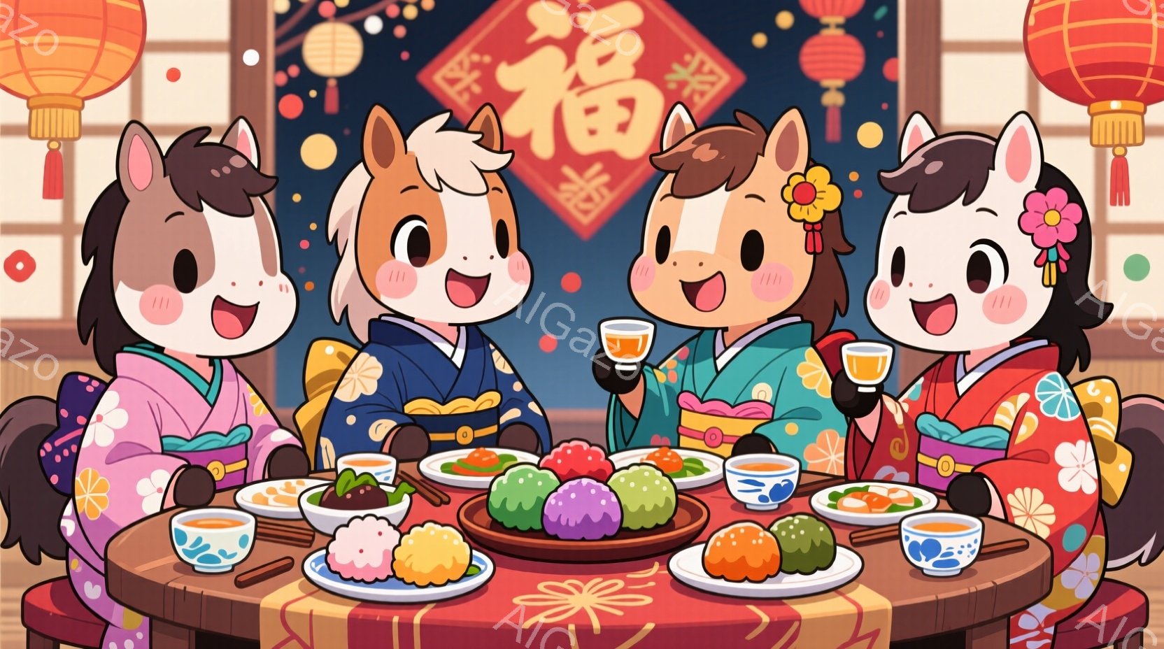 四匹の可愛らしい馬が円卓を囲んで食事を楽しんでいます。それぞれ異なる色鮮やかな着物を着ており、顔には笑顔が浮かんでいます。背景には提灯や「福」の文字が見え、お祝いの雰囲気が漂っています。