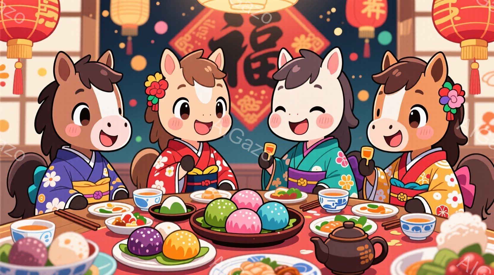 明るい色彩で描かれたイラストには、着物を着た4頭の馬が円卓を囲んで食事を楽しんでいます。馬たちは皆、鮮やかな色の着物を着ており、顔には笑顔が浮かんでいます。背景には提灯や漢字の飾りがあり、お祝いの雰囲気を醸し出しています。