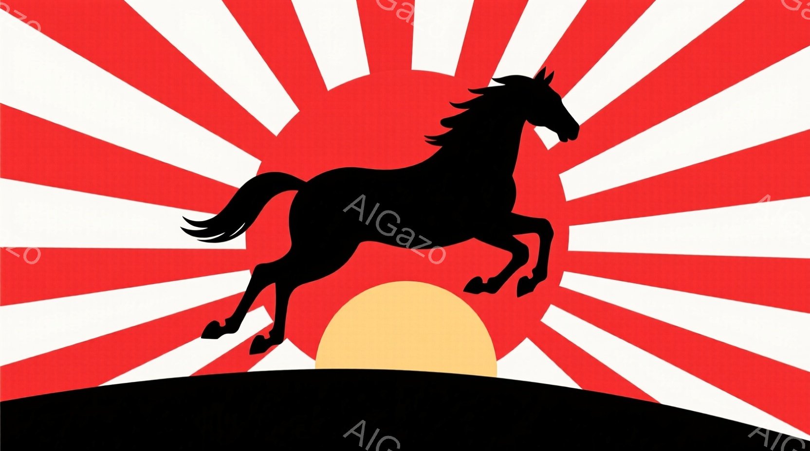 黒いシルエットの馬が、オレンジ色の太陽が昇る丘の上を駆けている様子が描かれている。背景は赤と白の放射状の線で構成されており、力強くダイナミックな印象を与える。全体的に力強さ、自由、そして日本の伝統的な風景を想起させる、鮮やかなイメージである。