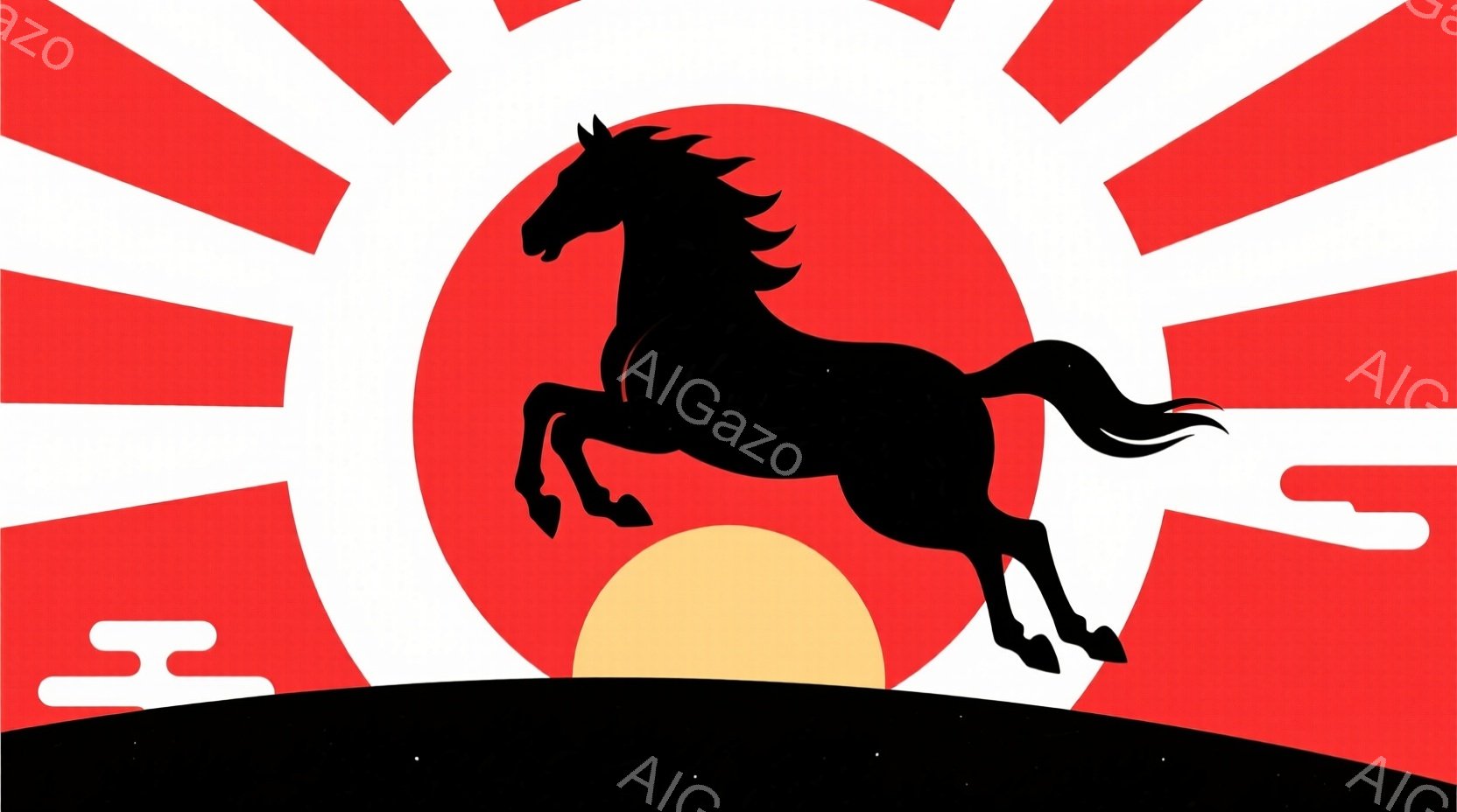 黒いシルエットの馬が、夕焼けのようなオレンジ色の円盤を背景に、力強く跳躍している様子が描かれている。地平線には日本の伝統的な波の模様が描かれ、背景は放射状に広がる赤い線で構成されている。躍動感と力強さを感じさせる、壮大でドラマチックな雰囲気のイラストである。