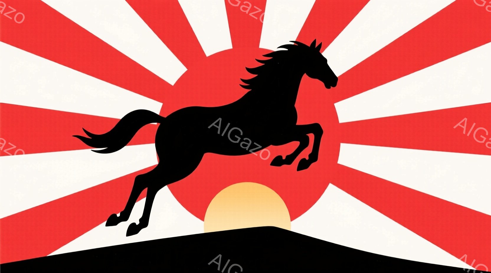 黒いシルエットの馬が、朝日を背景に躍動的に跳ねる姿が描かれている。背景は燃えるような赤色の光芒が広がり、大地は黒い影で表現されている。力強く、自由奔放な雰囲気が漂う、印象的な一枚である。