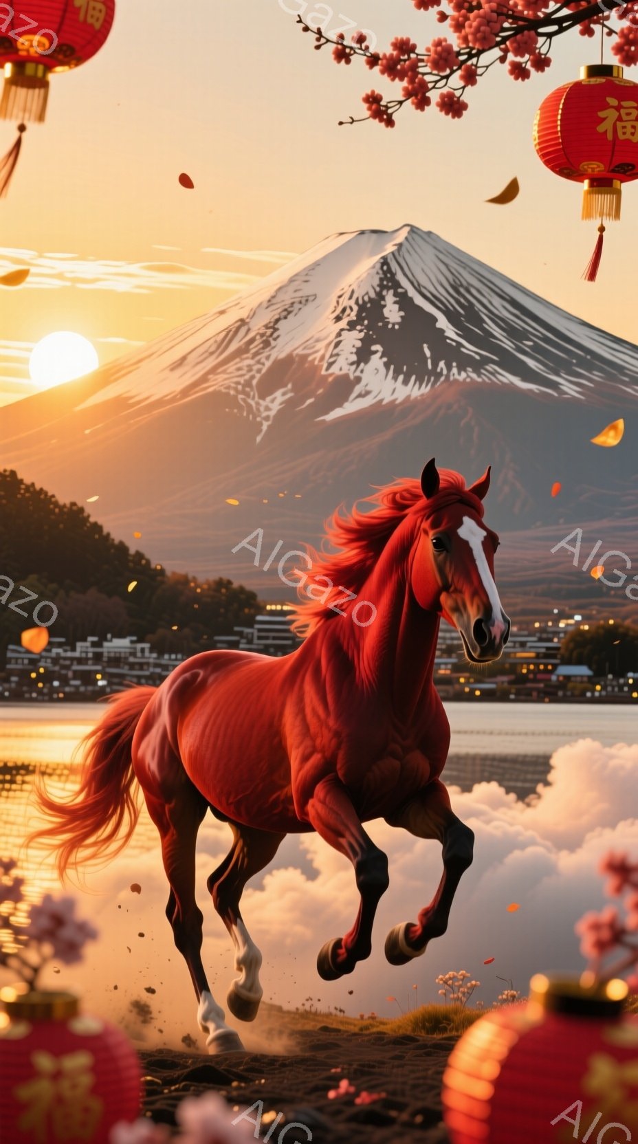 夕焼けの富士山を背景に、力強く駆け抜ける赤毛の馬を描いています。周囲には日本の伝統的な提灯や桜が咲き、幻想的な雰囲気を醸し出しています。全体として、日本の美しさと力強さを象徴する、壮大で印象的なイメージです。