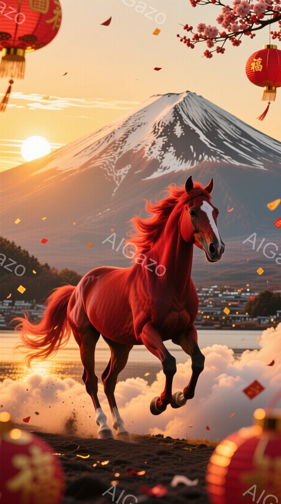 真っ赤な毛並みの馬が、雲の上を駆け抜けている様子が描かれています。背景には富士山がそびえ立ち、夕焼けと雲海が壮大な景色を作り出しています。赤い提灯や紙吹雪が舞い上がり、お祝いの雰囲気を高めています。
