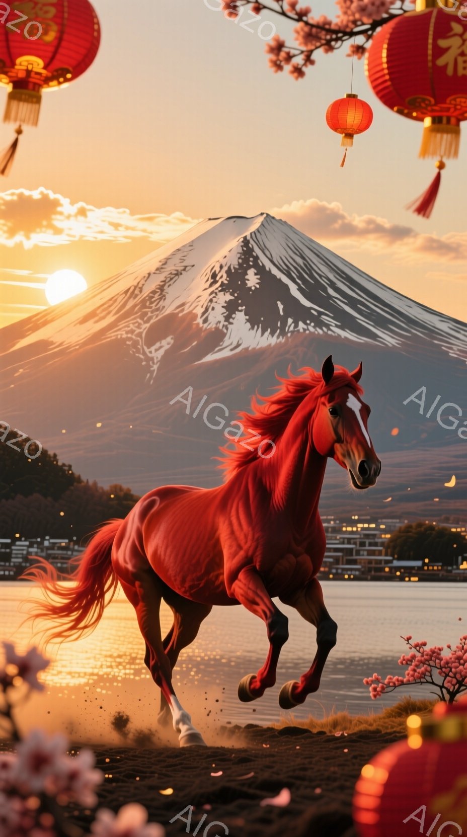 真っ赤な馬が、夕焼けに照らされた海岸を力強く駆けている。背景には富士山がそびえ立ち、空にはオレンジ色の夕焼けと雲が広がり、春の訪れを告げる桜の花びらが舞っている。全体的に、力強く、希望に満ちた、そして春らしい暖かさのある雰囲気が漂っている。