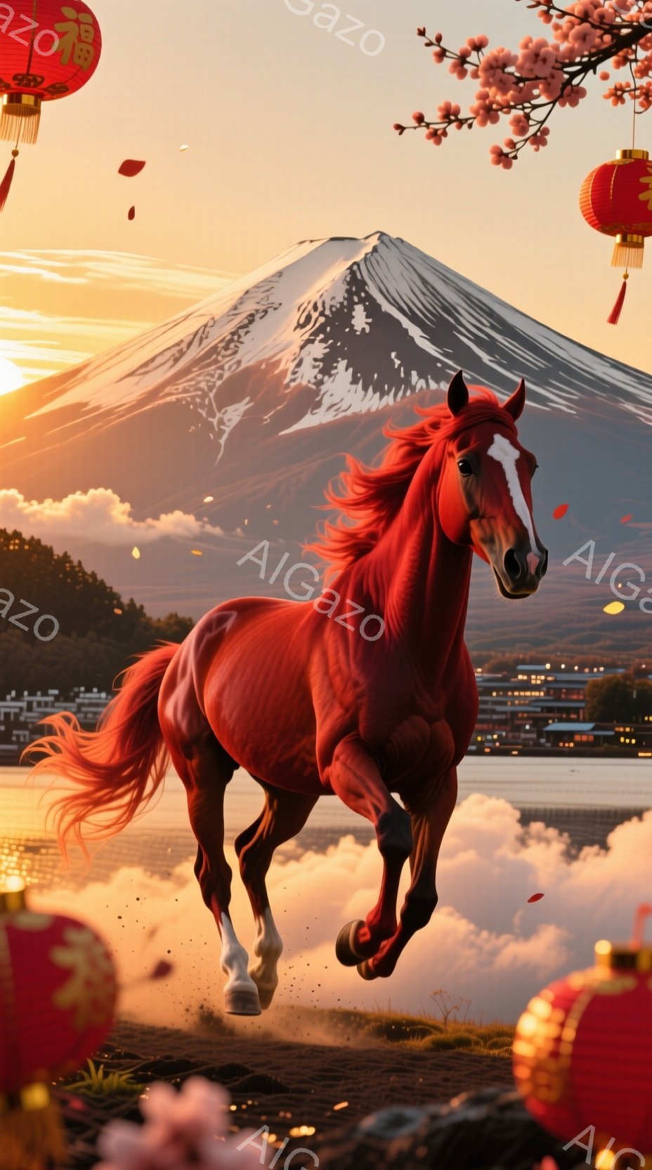 燃えるような赤毛の馬が、日本の風景を背景に力強く駆けている。富士山が夕焼け空の下にそびえ立ち、湖には水面に反射した光が広がり、空には桜の花びらが舞っている。全体的に、力強さと美しさ、そして日本の伝統的な風景が調和した、壮大で希望に満ちた雰囲気である。