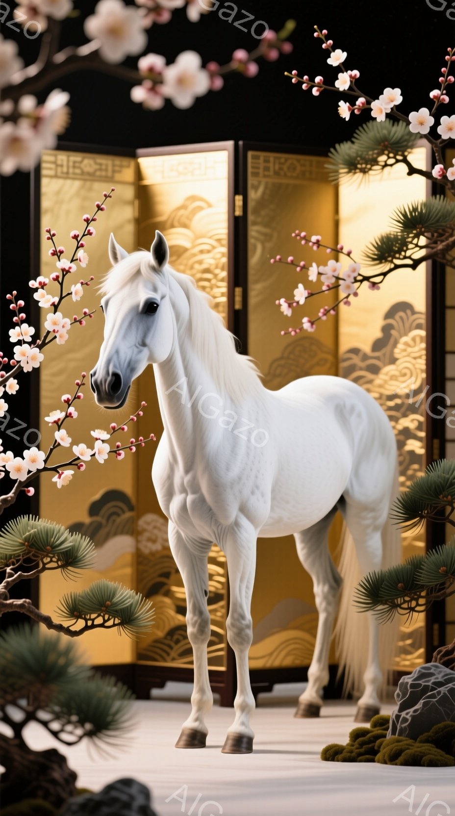 白い馬が穏やかな表情で正面を向いています。背景には金色の模様が施された屏風と、春らしい桜の枝、そして盆栽や岩が配置され、落ち着いた雰囲気を作り出しています。全体として、日本の伝統的な美意識を感じさせる - AI生成フリー素材