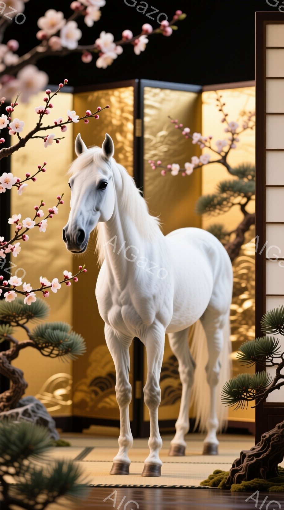 白い馬が畳の敷かれた部屋の中央に堂々と立っている。背景には金色の屏風と盆栽、そして桜の花が咲き誇り、日本の伝統的な美しさを際立たせている。馬の表情は穏やかで、部屋全体の雰囲気は静謐で優雅である。