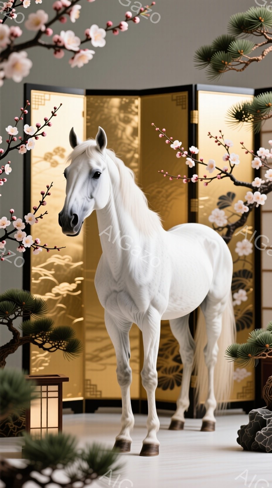 白い馬が白い床の上に堂々と立っている。背景には金色の装飾が施された屏風と、松の盆栽、そして桜の花が咲き乱れている。全体的に落ち着いた雰囲気で、日本の伝統的な美しさを感じさせる。