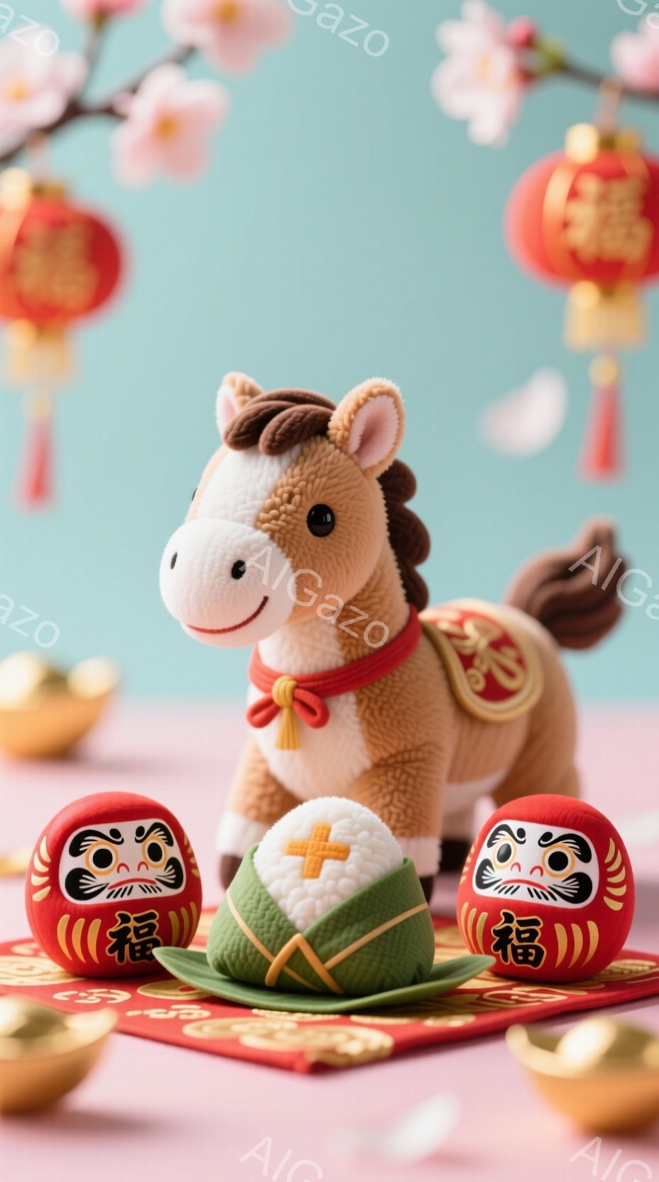 優しいピンク色の背景に、可愛らしいお馬のぬいぐるみと、緑色の包装紙で包まれたお団子が置かれています。お馬は茶色で、赤いリボンと飾りをつけており、両側には「福」と書かれた赤い縁起物（ふくわらい）が配置されています。全体的に春らしく、穏やかで幸福な雰囲気を醸し出しています。