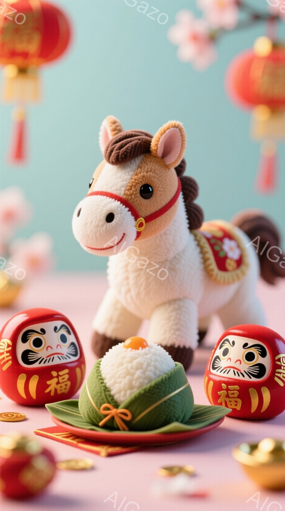 桃色の背景に、可愛らしいおもちゃの馬が置かれています。馬の隣には、緑色の包装紙で包まれたお団子と、赤い縁起の良い人形が2体配置されています。全体的に、春の暖かさと幸福感に満ちた、お祭りや祝い事の雰囲気が漂う写真です。