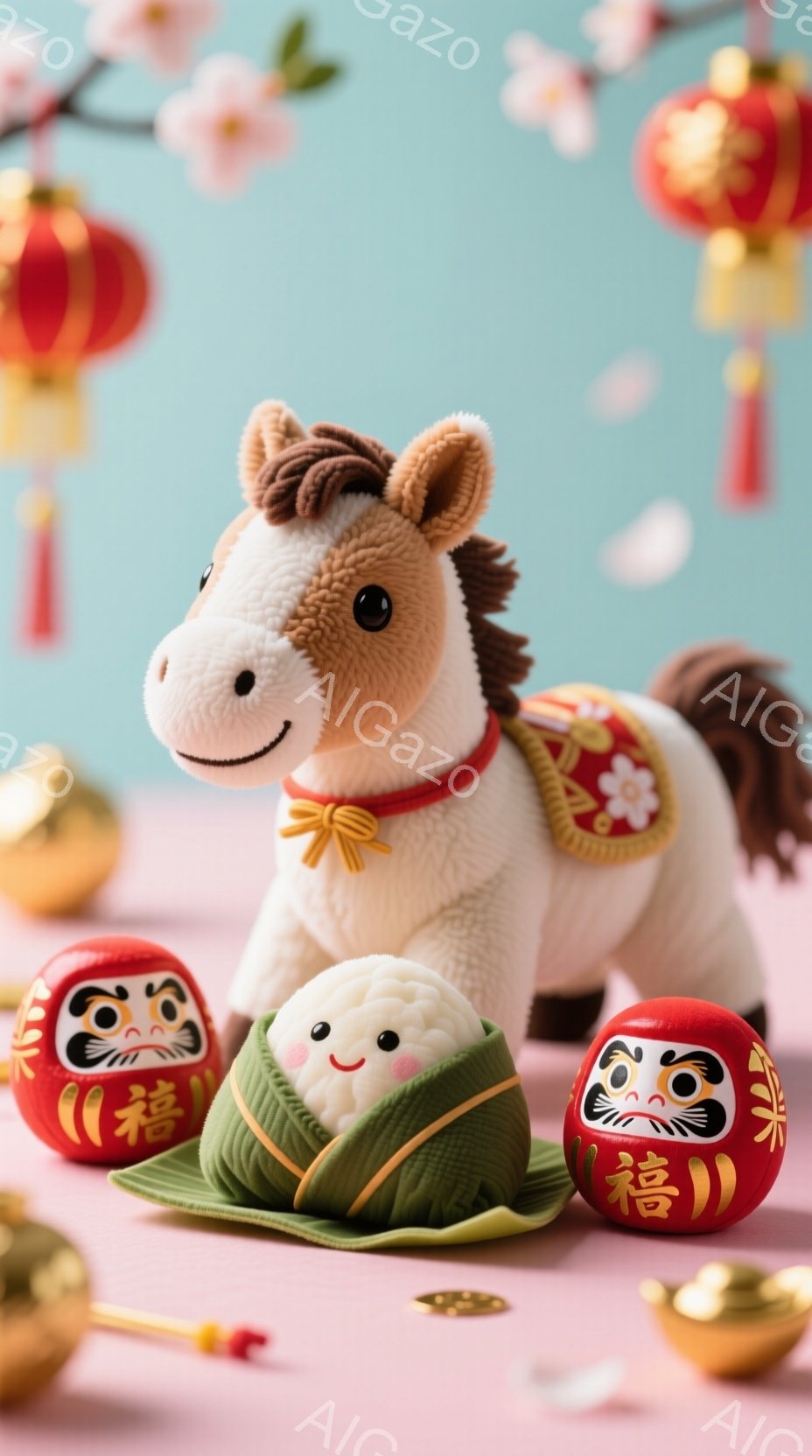 ふわふわの茶色の馬のぬいぐるみと、緑色の葉で包まれた白いお餅が並んでいます。背景には、桜の花びらが舞い散るピンク色の背景と、赤い縁起の良いだるまの人形が配置され、春の訪れと幸福を願う温かい雰囲気が漂っています。全体的に、可愛らしく、お祝いのムードが感じられる写真です。
