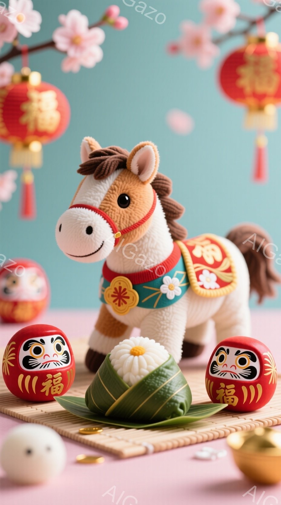 明るいピンク色の背景に、可愛らしいおもちゃの馬が置かれています。馬は白い鞍をつけ、正面には可愛らしい表情を浮かべています。その手前には、赤いダルマと白いお団子が置かれており、春らしいピンク色の桜の花びらが背景に散りばめられています。