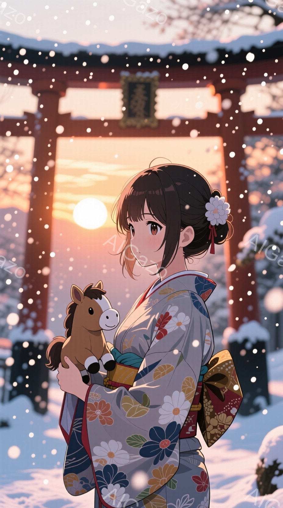 白い雪が降り積もる中、着物を着た若い女性が小さな馬の人形を抱いています。彼女は黒髪を後ろでまとめ、白い花飾りをつけています。背景には、夕焼けに照らされた鳥居と雪景色が広がっており、静かで穏やかな雰囲気 - AI生成フリー素材