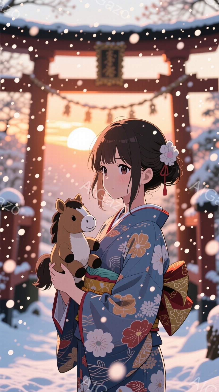 少女は藍色地に桜と紅葉が描かれた着物を身につけ、髪を後ろでまとめ、白い花飾りをつけている。彼女は腕の中に可愛らしい馬のぬいぐるみを抱きしめ、少し微笑んでいるように見える。背景には雪景色の中に朱色の鳥居 - AI生成フリー素材