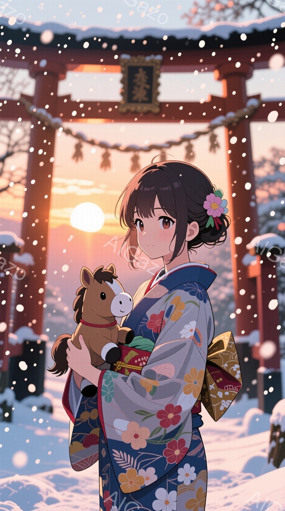黒髪で可愛らしい少女が、雪景色の中で鮮やかな花柄の着物を着ています。彼女は片手に可愛らしい木馬を抱き、もう片手に金色の包みを持っています。背景には、雪で覆われた鳥居と夕焼けが見え、全体的に温かく幻想的な雰囲気が漂っています。