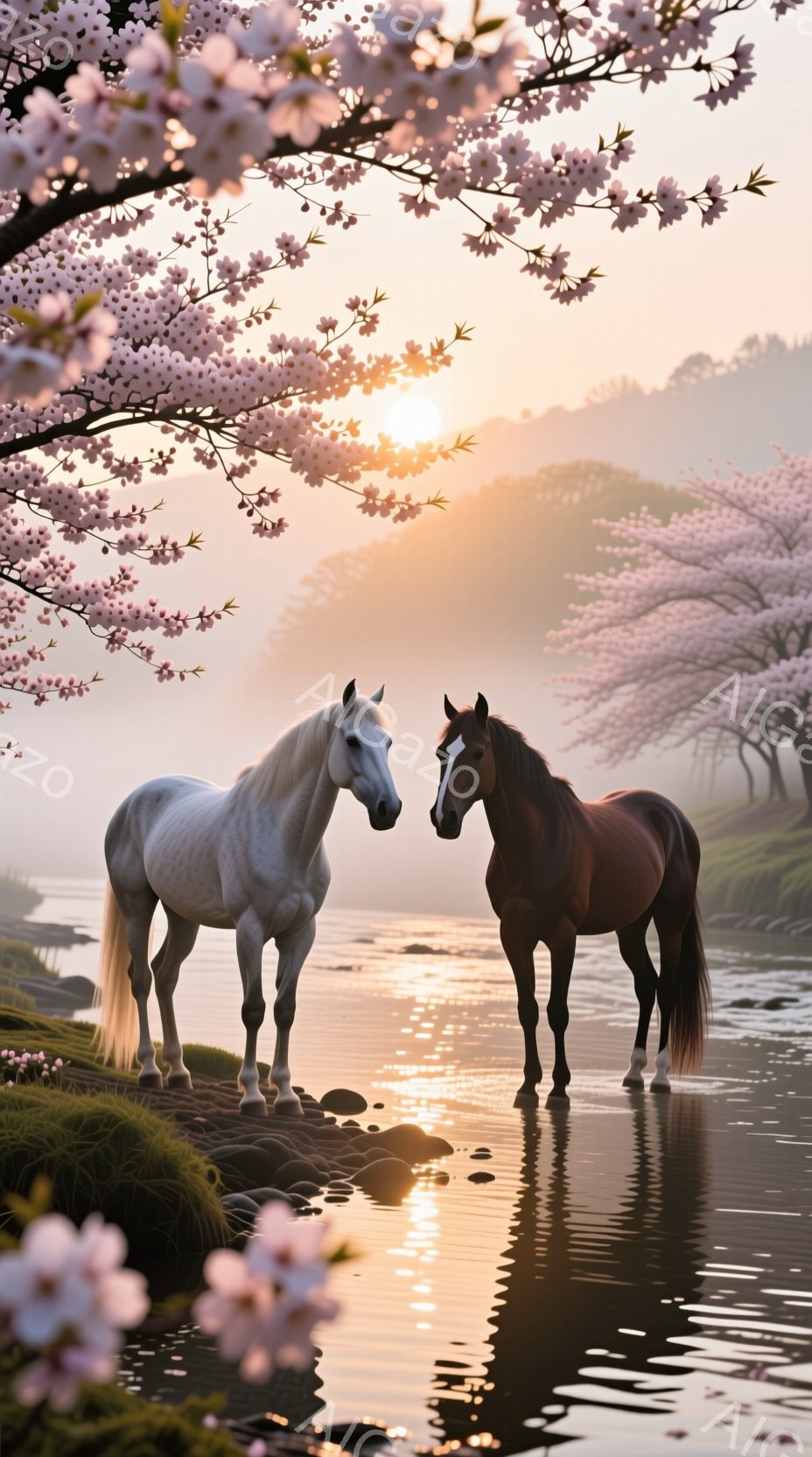 白い馬と栗色の馬が、水面に反射する夕焼けを背景に並んで立っている。周囲には桜の木が咲き誇り、水面は穏やかで、幻想的な雰囲気を醸し出している。馬たちは静かに佇み、穏やかな夕暮れ時の自然の美しさを強調している。