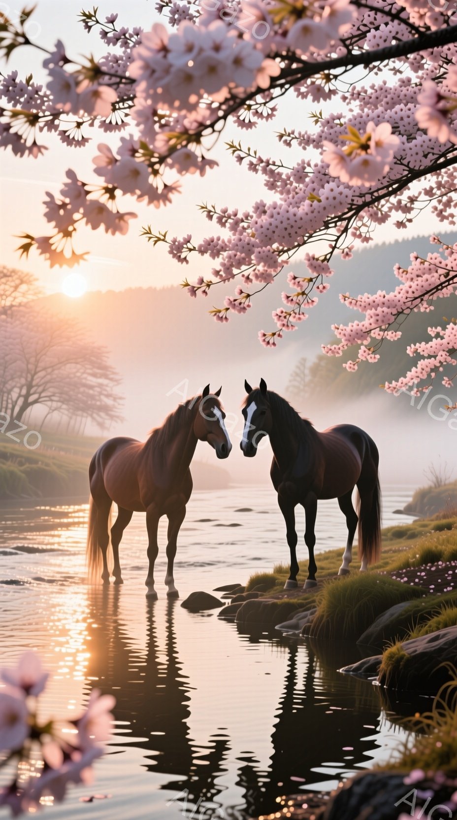 穏やかな水辺に、栗毛と黒毛の二頭の馬が寄り添い、水面にその姿を映し出しています。背景には霞んだ緑の丘陵と、桜の花びらが舞う空が広がり、水面には夕日の光が反射して金色に輝いています。 全体的に、静寂で牧歌的な、春の訪れを感じさせる温かい雰囲気です。