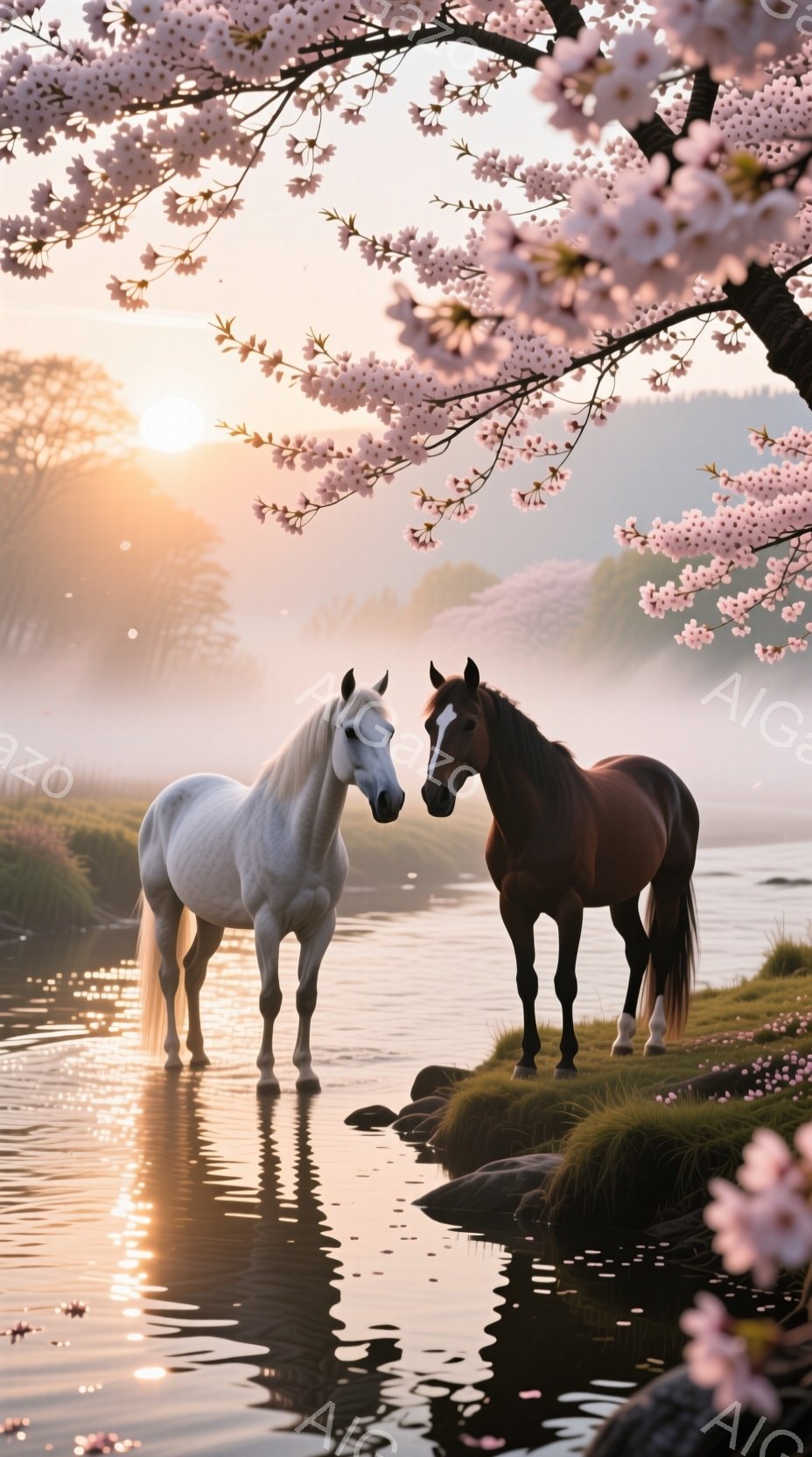 白い馬と栗色の馬が、水辺の緑豊かな草地に並んで立っている。水面には馬たちの姿が美しく映り込み、周囲には霧が立ち込め、穏やかで幻想的な雰囲気を醸し出している。背景には、桜の花びらが舞い散る桜の木があり、夕日の光が水面と馬たちを照らし、暖かく優しい光景を作り出している。