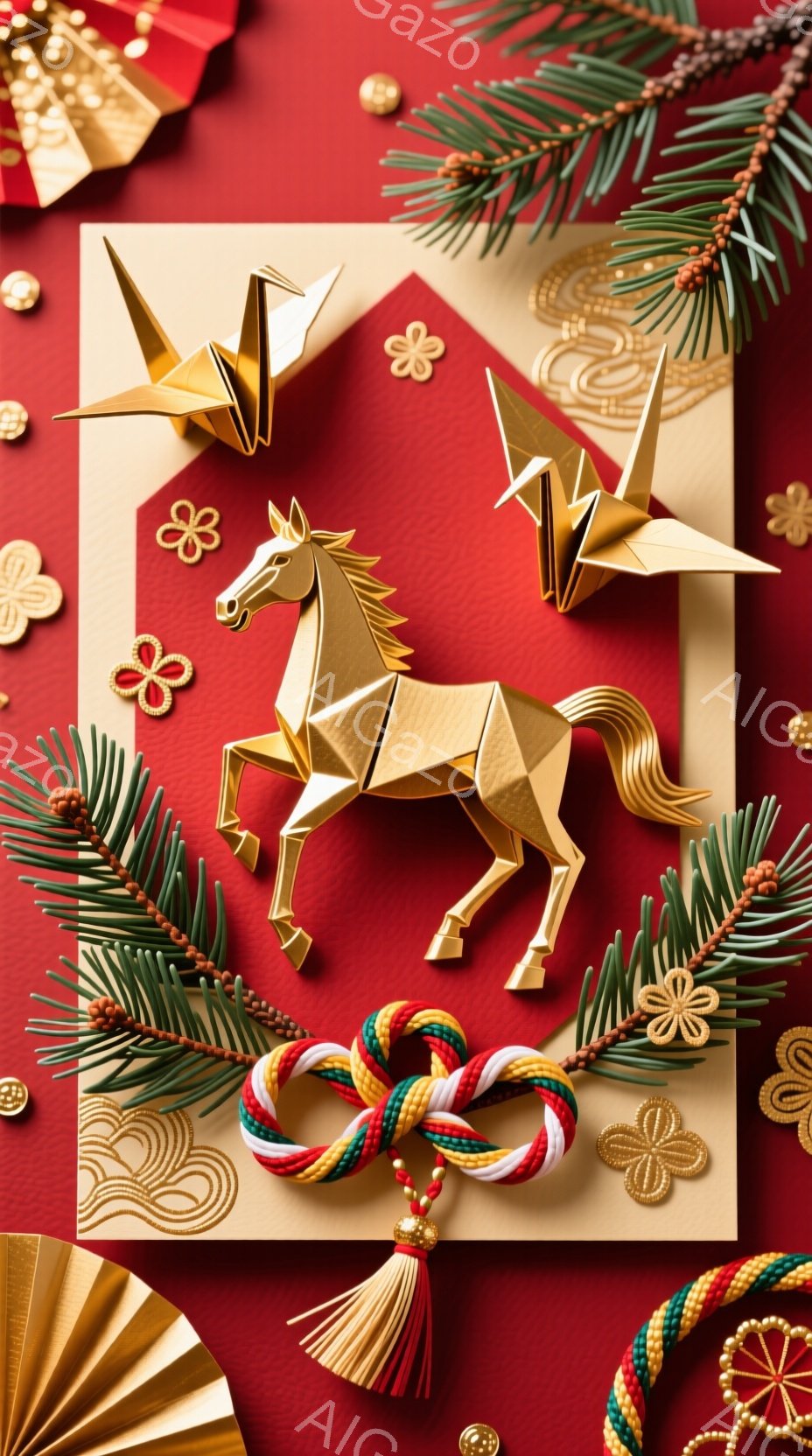 深紅色の背景に、折り紙で作られた金色の馬が中央に配置されています。馬の周囲には、赤い紐に金色の房が付いた飾り、そして繊細な金の模様が散りばめられており、松の葉が添えられています。全体的に華やかで、新年の縁起の良い雰囲気を醸し出しています。